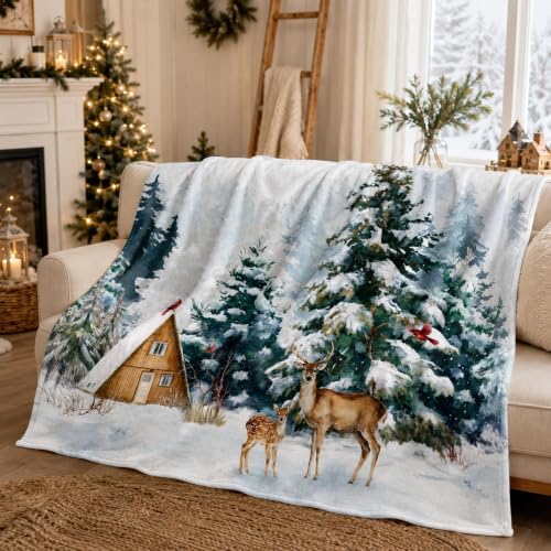 Winter Deer Throw Blanket, Snow Forest Flannel, 80 x 60