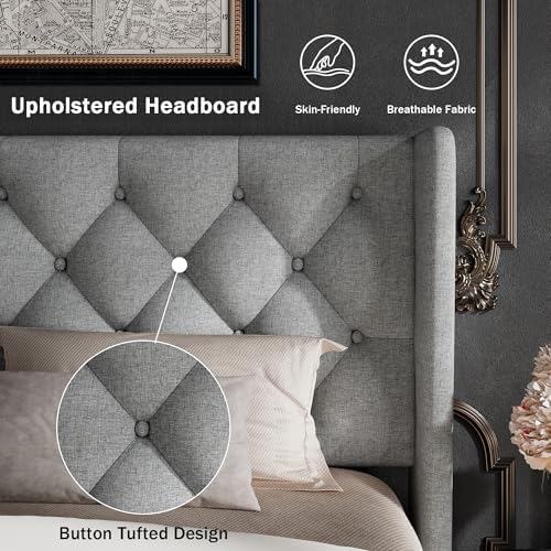 GalnFu Full Size Bed Frame with Button Tufted Headboard, Upholstered Platform Bed Frame with UnderBed Storage, Wooden Slats Supports, Noise Free, No Box Spring Needed, Easy Assembly, Light Grey