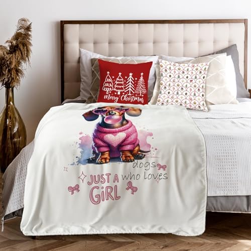 Trendy Pink Dachshund Throw Blanket for Couch, Dachshund Gifts for Women, Just a Girls Who Loves Dogs Throw Blanket for Girls Bedroom Living Room Home Decoration, 50x60 Inches