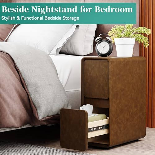 7.8" W Faux Leather Narrow Nightstand, Modern Fully-Assembled Bedside Table with 2 Drawers, Wood Night Stand Small Accent End Table & Side Table for Bedroom, Brown