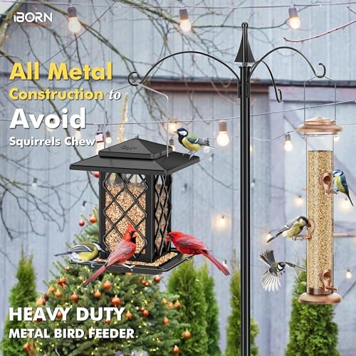 iBorn Bird Feeders for Outdoors, Metal Bird Feeder, Wild Bird Feeders for Cardinal, 2.3LBS Capacity,17.7cm Large Roof, Lantern Style, Black