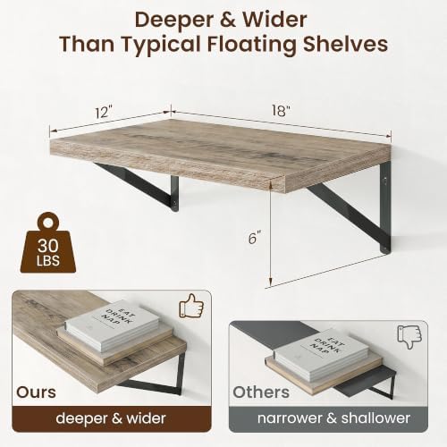 Axeman Deep Floating Shelves, 18'' x 12'' Grey Wall Shelves Set of 2