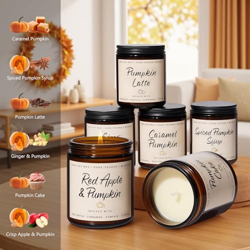 Auelife Scented Candles - Pumpkin Candle Set of 6 | Ginger, Apple, Cake, Caramel, Latte & Spiced Pumpkin Soy Candles | Holiday Candle for Home Décor & Gifts for Women, Cozy Holiday Aromatherapy