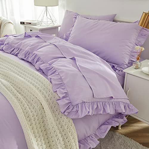 Brandream Kids Bedding Set Full/Queen Size 100% Organic Cotton Duvet Cover Shams Set for Girls 3pc, Delicate Ruffle Fringe Solid Color Soft and Breathable (Purple)