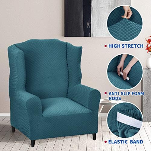 MAXIJIN Wingback Chair Covers 1-Piece Stretch Wing Chair Covers Soft Thick Wingback Armchair Slipcover Non-Slip High Back Chair Furniture Protector Washable (Wing Chair, Peacock Blue)