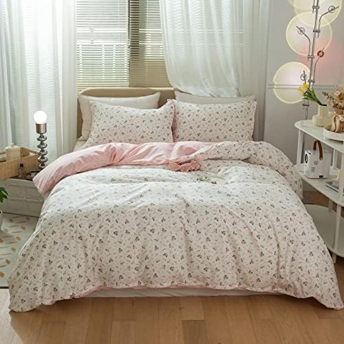 Pink Floral Duvet Cover Set 100% Cotton Full(80"x90"),White Pink