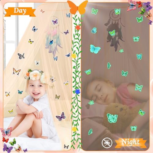 South to East Beige Bed Canopy for Girls with Glowing Butterfly, Girl Gift