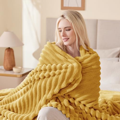 EXQ Home Stripe Twin Size Throw Blanket Mustard Yellow for Couch Soft