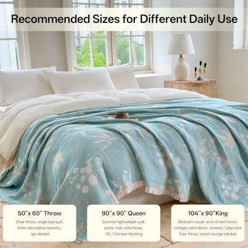 FALUCA Muslin Cotton Throw Blanket Boho Floral Jacquard with Fringe, 90 * 90 Foliage Pattern, Reversible Soft Breathable Cover for Couch Sofa Bedroom Vintage Farmhouse Home Decorative, Beige&Blue