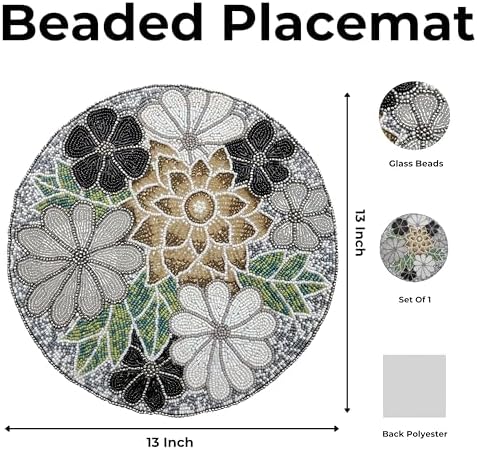Beaded Placemats for Dining Table Grey Multi - Measure 13 Inches Flower Beaded Placemats Round for Gathering, Christmas, Thanksgiving - Occasional Decoration and Family Parties Celebrations