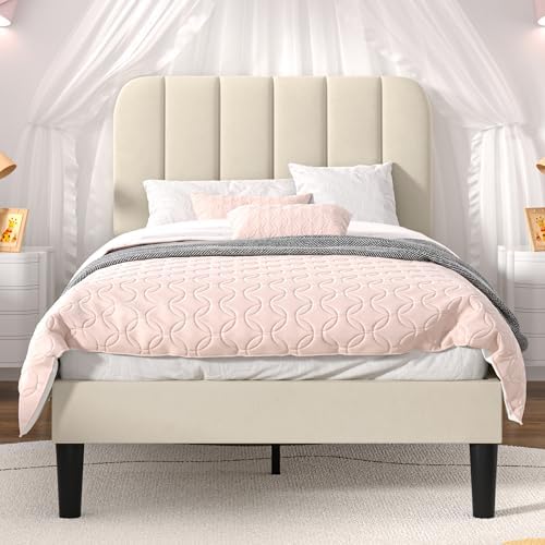 VECELO Twin Size Bed Frame with Upholstered Headboard, Velvet Platform Bedframe Mattress Foundation, Strong Wood Slat Support, No Box Spring Needed,Bone Beige
