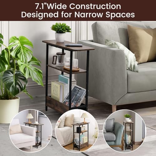 Narrow Side Table for Small Spaces, 3-Tier End Table with Storage Shelf