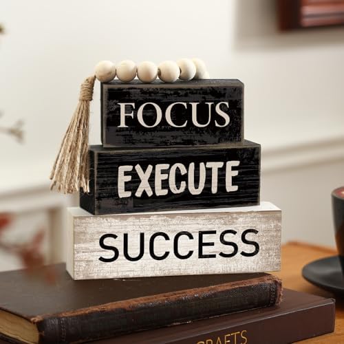 Yuntau 4 Pcs Motivational Desk Decor Wood Block Signs Focus Execute Success