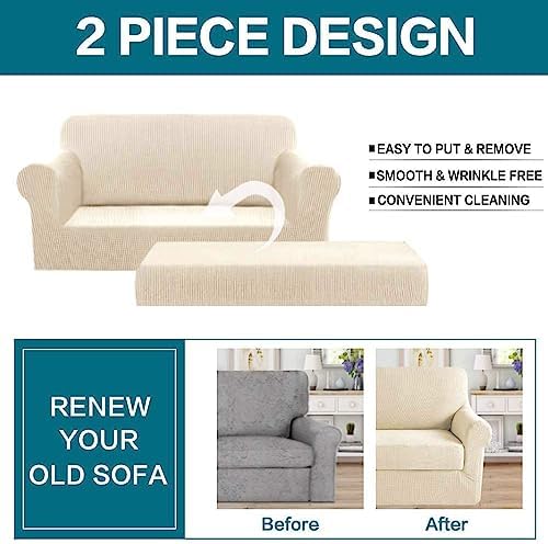 Turquoize Sofa Covers Washable 2 Piece Sofa Covers for 3 Cushion Couch Sofa Slipcovers Stretch Couch Covers Slip Covers with Elastic Bottom Feature Thick Jacquard Fabric (Sofa, Biscotti Beige)