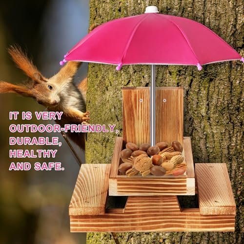 Gnodary Squirrel Feeder with Umbrella, Squirrel Feeders for Outside, Squirrel Picnic Table Feeder - Chipmunk Feeder Hold Corn, Corn Cob, Peanuts Style2 (Dark Pink)