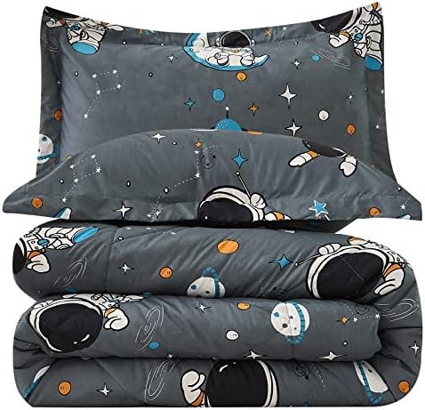 JSD 3 Piece Grey Astronaut Space Theme Kids Comforter Set Queen Size