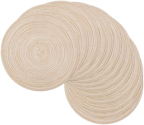 SHACOS 15 inch Beige Round Placemats Set of 12 for Dining Table Woven Braided Circle Place Mats Kitchen Placemat Washable Table Mats