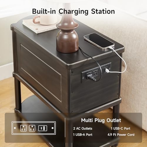 ONBRILL Pre-Assembled Narrow End Table with Charging Station, Black