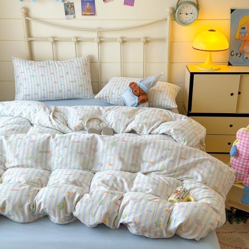 Kids Fish Duvet Cover Set Muslin Cotton,Twin(68"x86"),Blue Striped