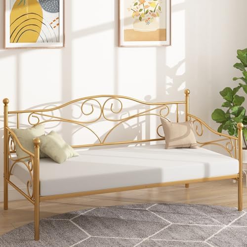 VECELO Twin Size Daybed Frame Metal Sofa Bed Mattress Foundation with Headboard, Heavy-Duty Steel Slat Support for Bedroom Living/Guest Room, Easy Assembly, Gold