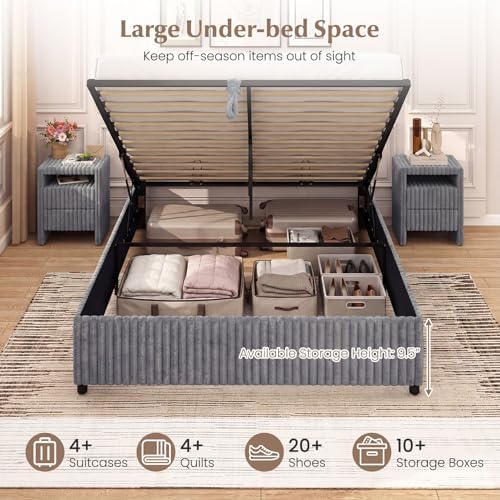 GIANTEX Queen Size Lift Up Storage Bed, Modern Corduroy Upholstered Platform w/Wingback Headboard, Hydraulic Support, Queen Bed Frame with Storage, No Box Spring Needed (Grey)
