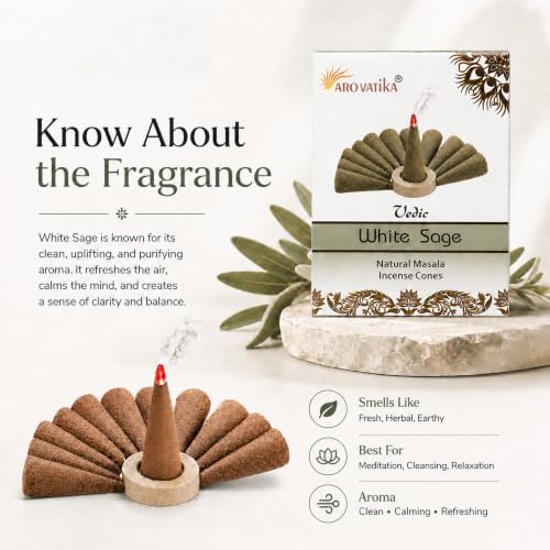 ARO VATIKA Vedic White Sage Natural Incense Cones Pack of 120, 12 Premium Boxes Non-Toxic Dhoop Cones for Meditation, Yoga, Spiritual Healing, Relaxation & Home Fragrance, Burn Time- 25 Mins