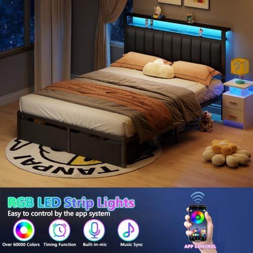 Furnulem Queen Bed Frame with Storage Drawers and Upholstered Headboard