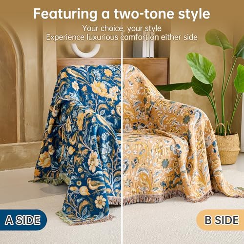 VANJOROY Boho Throw Blanket, 100% Organic Cotton Breathable Ultra Soft 80" x 90" Bed Quilt Throw - All Season Floral Rustic Farmhouse Decor Luxury Reversible Blanket for Sofa Couch Chair and Gift