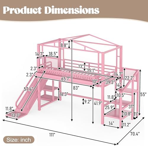 Bellemave Twin Size Metal House Loft Bed with Slide and Stairs,Heavy Duty Playhouse Loft Bed Frame with Shelves,LED Lights and Charging Station for Kids,Teens,Adults,Pink