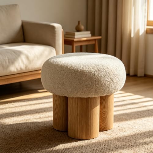 Teddy Ottoman Footrest Stool, Round Upholstered Vanity Stool for Bedroom
