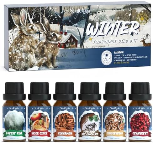 SoulOrigin Winter Essential Oils Set, Fragrance Oil Gift Set for Oil Diffusers, Scented Oils for Soap 6x10ml - Forest Pine, Spiced Apple Cider, Cinnamon, Mint Hot Chocolate, Gingerbread, and Cranberry