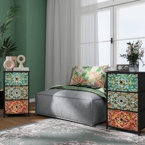 GiftGo Retro Dresser with Fabric Drawers Boho Mandala Flower Chest of Drawers Narrow Storage Tower for Small Spaces Gaps Bedroom Beautiful Nightstand Living Room Table (Mandala, 3 Drawers)