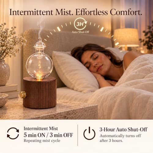 Waterless Essential Oil Diffuser, Cordless Rechargeable Glass Nebulizing Diffuser with Wood Base & Warm LED Light, Aromatherapy Diffuser for Home, Bedroom & Office