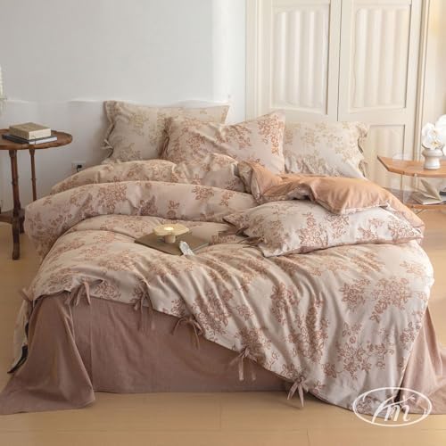 Monet Flower Duvet Cover King 3 Pieces Retro Jacquard Floral Bedding Set,Linen Cotton Yarn-Dyed Textured Comforter Cover with Bowknot-104 x90,Pumpkin