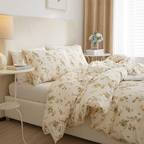 Flower Duvet Cover Set 100% Cotton Queen(90"x90"),Yellow Floral