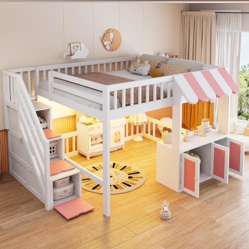 LUMISOL Full Size Loft Bed with Storage Steps and Under Bed Cabinets, Playhouse Loft Bed Frame with LED Light, White+Pink
