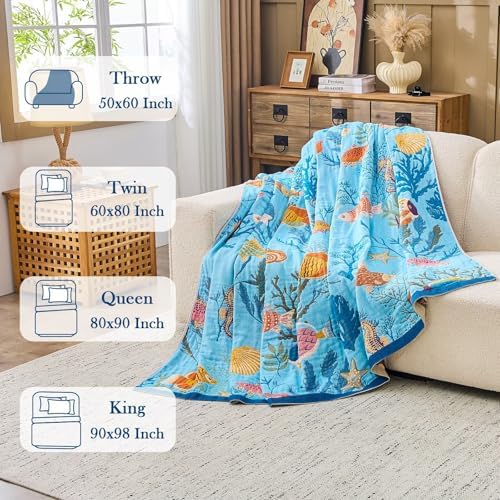 XIBLC Boho Throw Blanket 100% Cotton Vintage Blanket Muslin Woven Flower Decorative Throw Blankets All Season Bohemian Rustic Farmhouse Decor Quilt for Bed (Blue 60"x80")