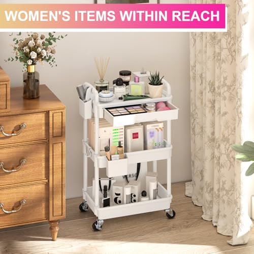 Goovilla 3 Tier Rolling Utility Cart Organizer with Removable Drawer, White