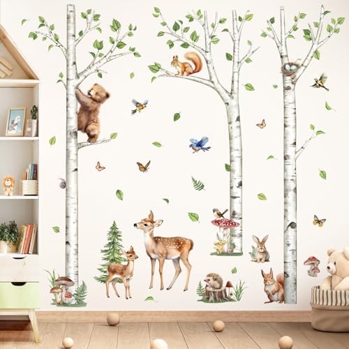 decalmile White Birch Tree Woodland Animals Bear Wall Decals Stickers (XL)
