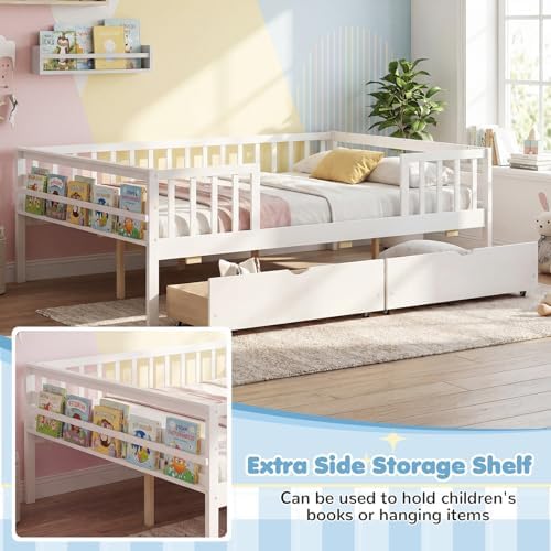 KOMFOTT Full Bed Frame with Rails, Wood Daybed with Side Shelf & 2 Storage Drawers, Platform Bed with Guardrail & Wooden Slat Support for Kids Teens, No Box Spring Needed (Full,White)