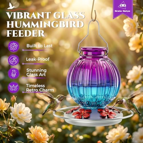 2 Pack Glass Hummingbird Feeder for Outdoors Hanging, Bird Nectar Feeder with Perch & 5 Flower Feeding Ports, 26 Oz Leak Proof for Outside Garden Decor Backyard, Gifts for Women Mom, Red + Purple Blue