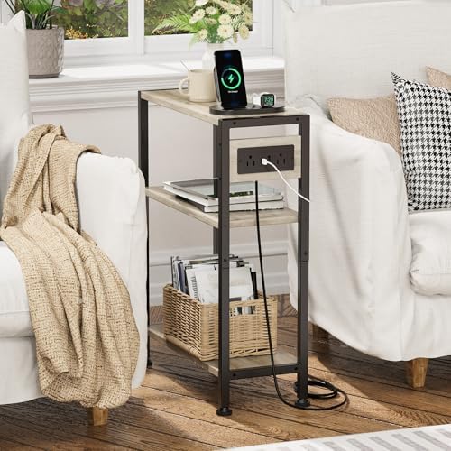 End Table with Charging Station, 3-Tier Side Table for Small Space, Skinny Nightstand with USB/Type C Port and 2 Outlets, Slim Sofa Beside Table for Living Room, Bedroom and Balcony, Greige