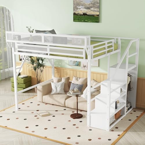 Queen Size Metal Loft Bed Frame with Convertible Staircase, Built-in Storage Shelves & Wardrobe, Loft Bed with Solid Slats & Guardrail, No Box Spring Required, Easy Assembly, for Bedroom, White