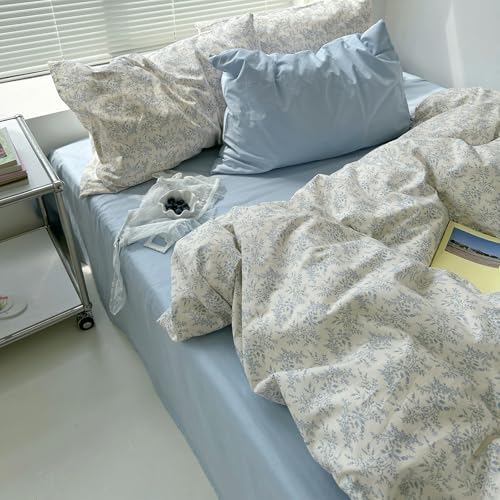 mixinni Blue Floral Duvet Cover Queen Size - 100% Cotton Soft Boho Comforter Cover with Zipper Closure 4 Ties, 3-Piece Vintage Aesthetic Botanical Bedding Set with 2 Pillowcases, All Season Bed Set