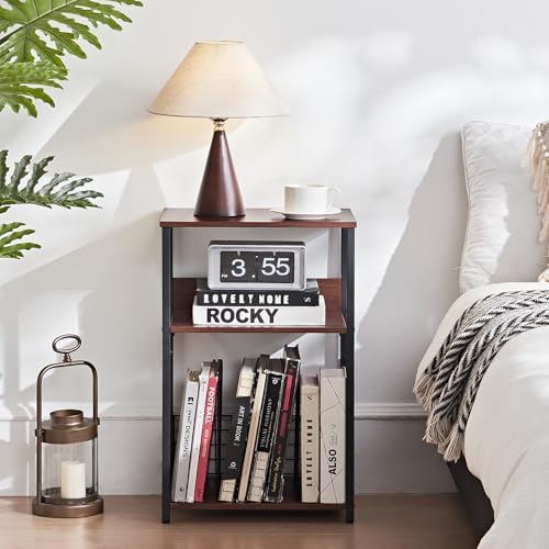 LELELINKY 3 Tier End Table,Record Player Stand with Storage Up to 100 Albums, Turntable Stand for Vinyl, Walnut Couch Nightstand Side Tables for Living Room Bedroom