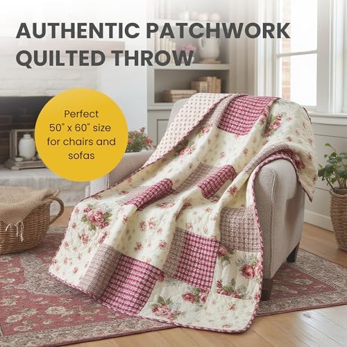 SLPR - Cotton Quilted Throw Blanket, 50" x 60" Patchwork, Country Roses