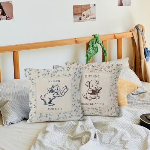 Vintage Floral Cat Dog Reading Throw Pillow Cover 18x18 Set of 2, Book Lover Bookworm Gifts Decorative Pillow Covers for Home Library Reading Room, Cottagecore Accent Pillows Cover Pillowcases