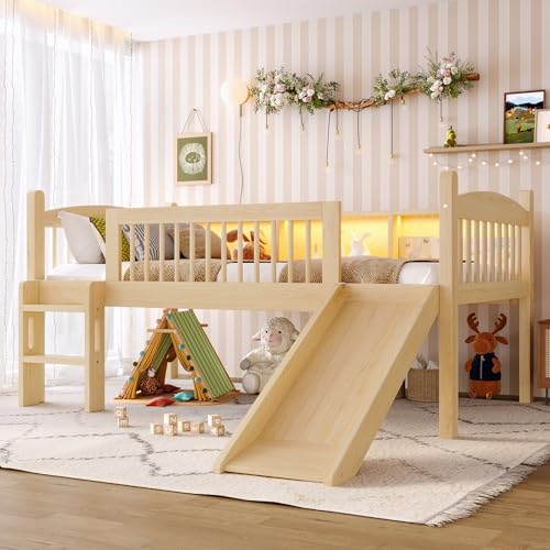Bellemave Twin Loft Bed with Slide and Ladders, Solid Wood Low Loft Bed with Storage Shelves and LED Lights, Loftbed Frame for Kids, Boys, Girls, Childlike and No Box Spring Needed Design, Natural