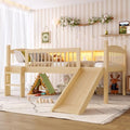 Bellemave Twin Loft Bed with Slide and Ladders, Solid Wood Low Loft Bed with Storage Shelves and LED Lights, Loftbed Frame for Kids, Boys, Girls, Childlike and No Box Spring Needed Design, Natural