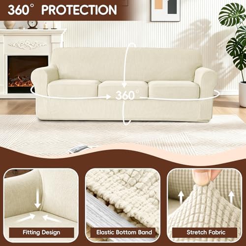 4 Pieces Stretch Couch Covers for 3 Cushion Sofa Cover Decorative Sofa Slipcover Non Slip Washable Thick Soft Elastic Furniture Protector for Pets,(Large, Beige)